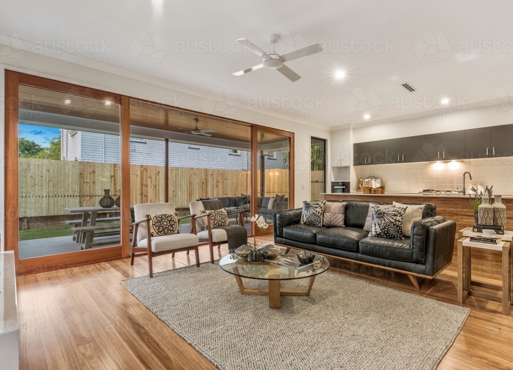 Modern new build double storey house with wooden floor boards and interior decorating - Australian Stock Image