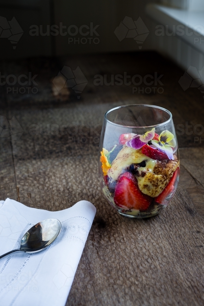 modern trifle dessert, in a glass - Australian Stock Image