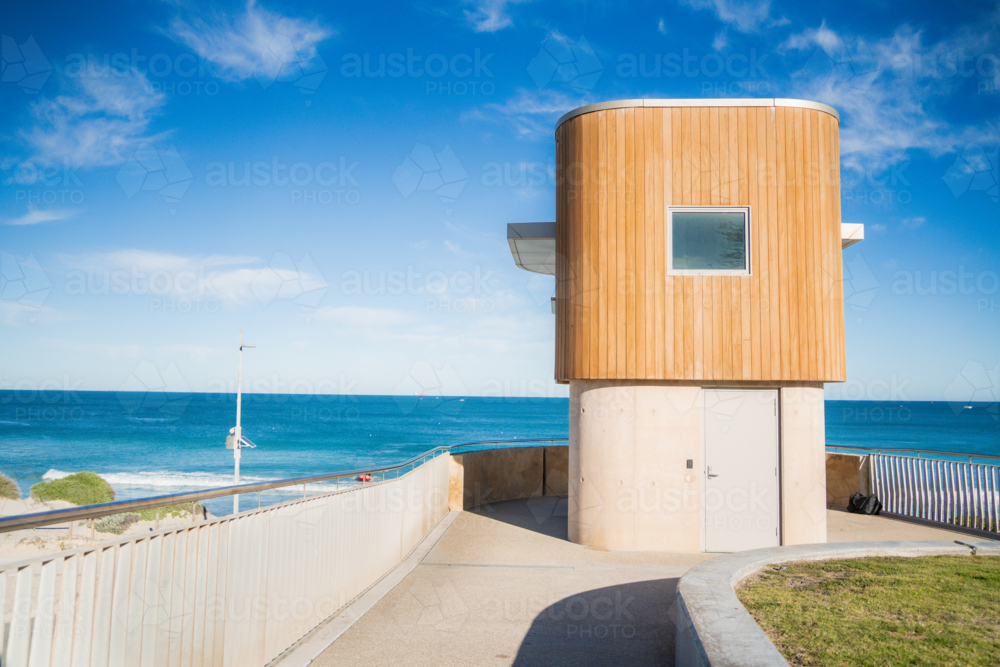 Modern wooden lookout tower and promenade at Scarborough Beach, Perth, Western Australia - Australian Stock Image