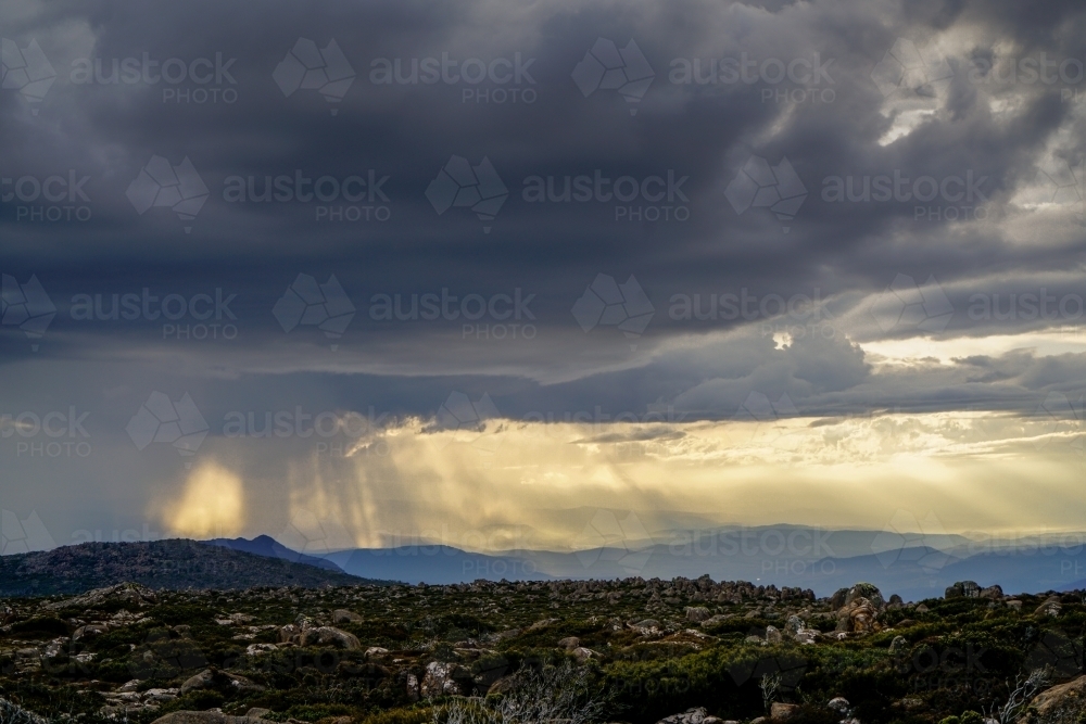 Moody clouds from Mt Wellington, Tasmania - Australian Stock Image