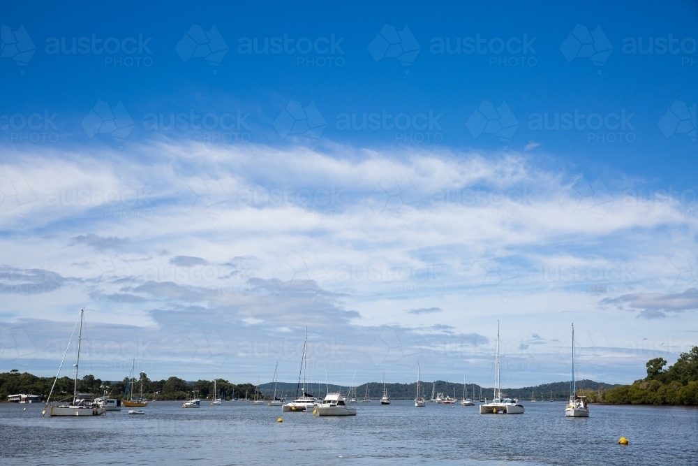 Moreton Bay boats tied to moorings on a calm day - Australian Stock Image