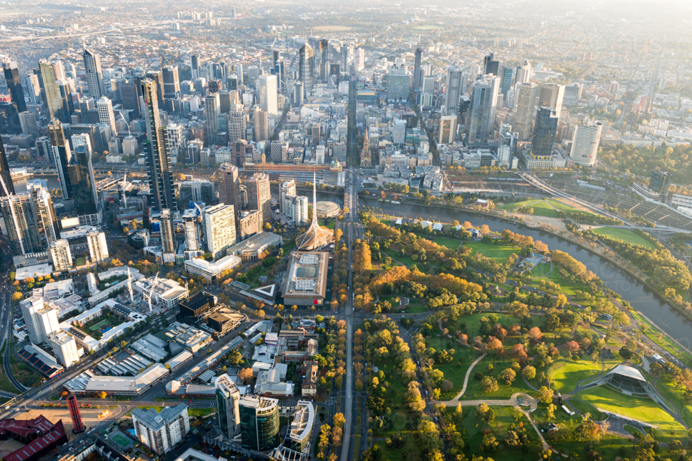 Morning light over Melbourne’s city grid and Yarra River - Australian Stock Image