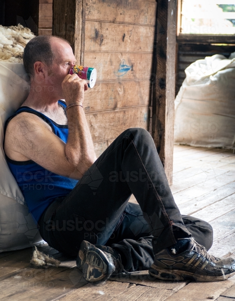 Morning smoko time in the shearing shed - Australian Stock Image