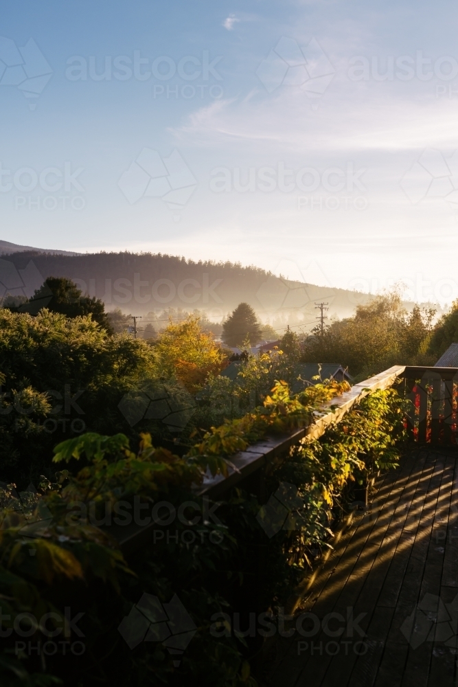 Morning views of mountains and fog in Tassie - Australian Stock Image