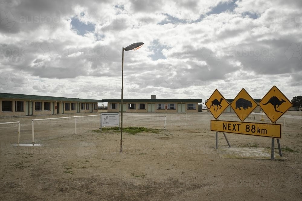Motel and signage at the Nullarbor roadhouse - Australian Stock Image