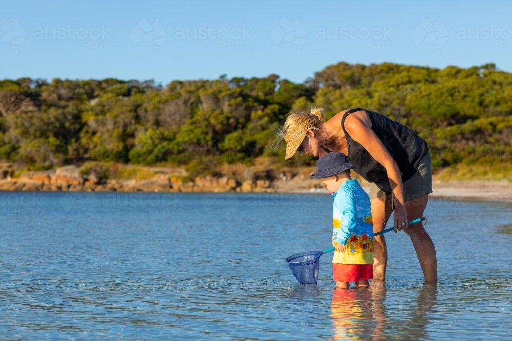 mother and child wading in water with scoop net - Australian Stock Image