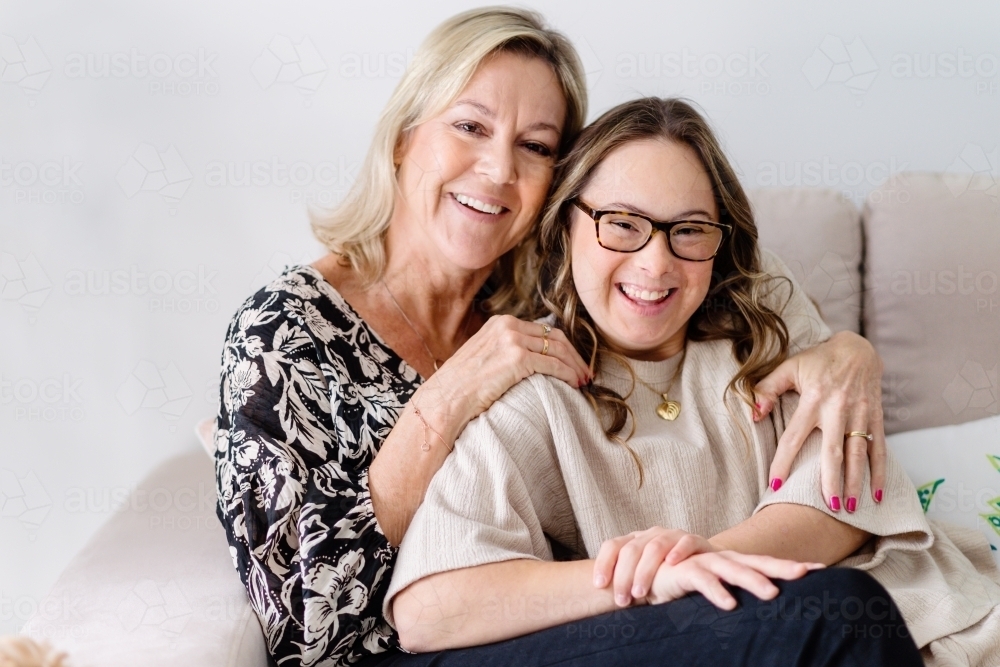 mother and daughter, from a series featuring a young woman with Down Syndrome - Australian Stock Image