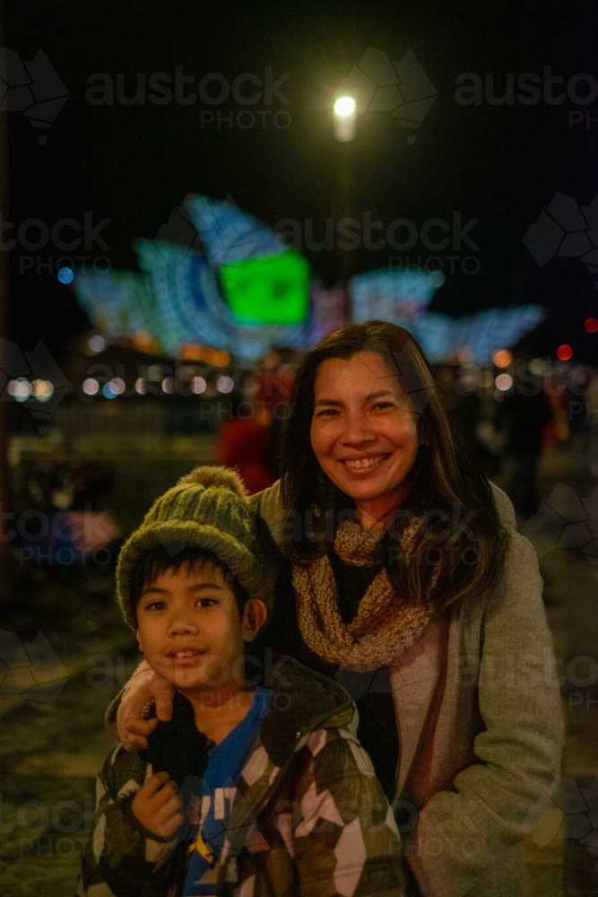 mother and son enjoying the Vivid lights in Sydney - Australian Stock Image