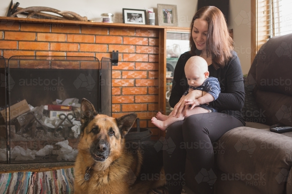 Mother, baby and pet German Shepherd dog in their home - Australian Stock Image