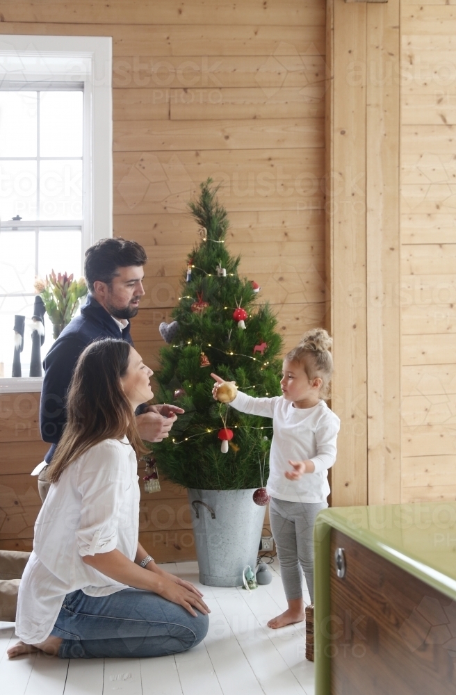 Mother, father and daughter in front of Christmas tree - Australian Stock Image