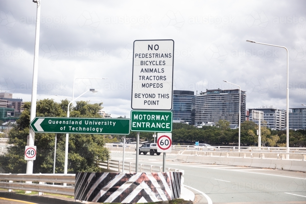 motorway entrance warning sign near Brisbane city - Australian Stock Image