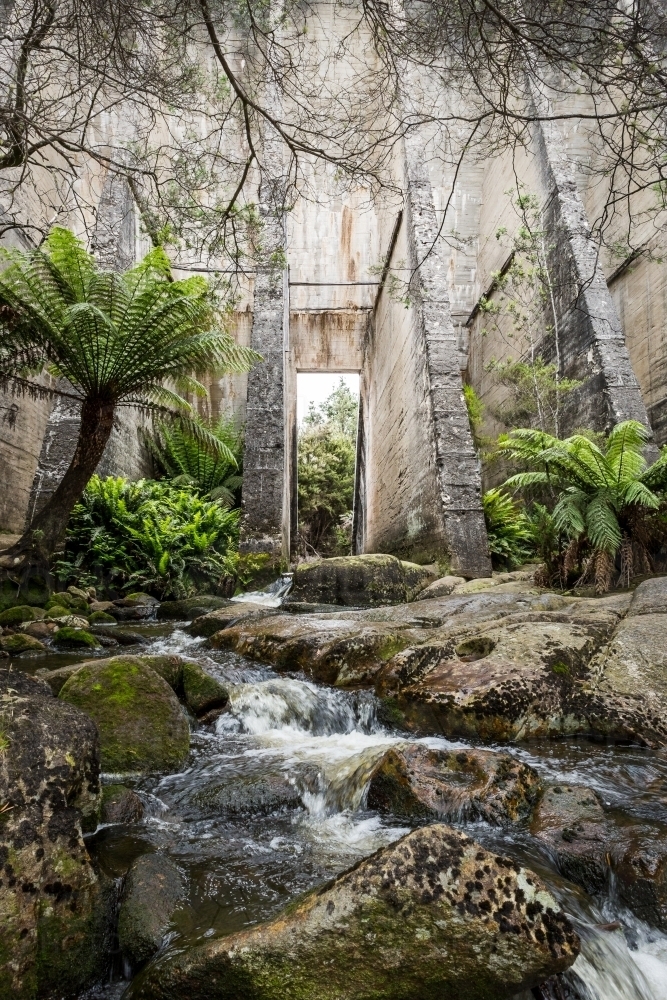Mount Paris Dam Tasmania disused dam with water flowing - Australian Stock Image