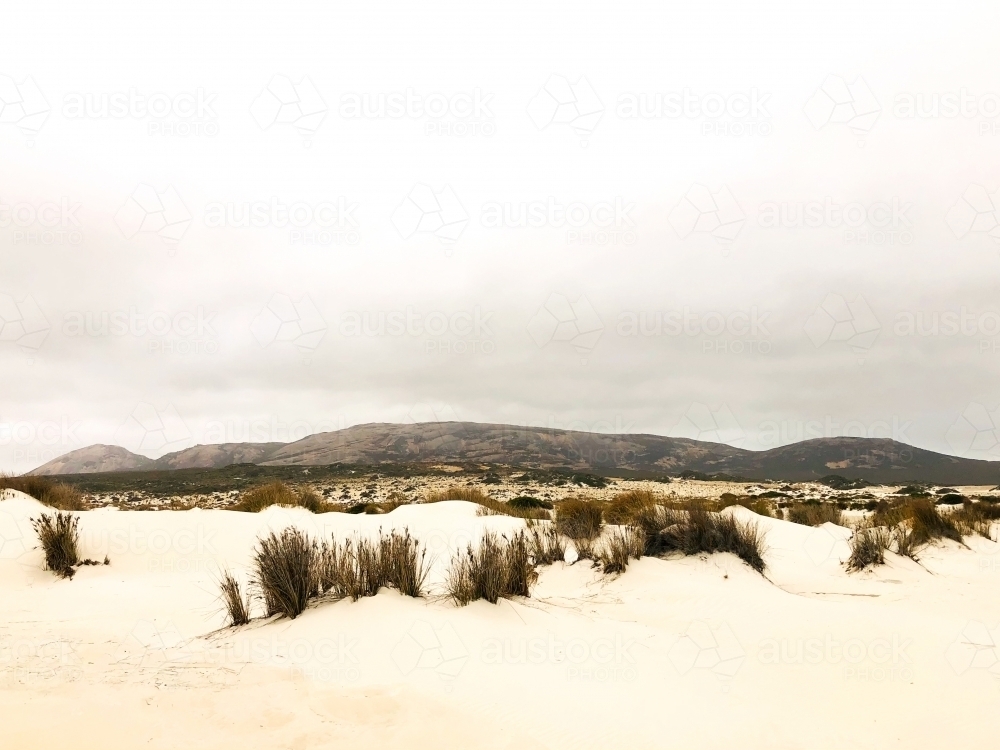 Mountain range seen in the background of sandy desolate foreground in warm tones - Australian Stock Image