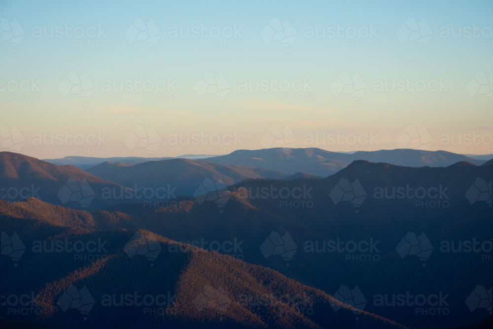 Mt Buller national park mountain range at sunset - Australian Stock Image