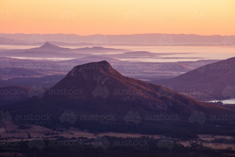 Mt Greville and the Scenic Rim in dawn light - Australian Stock Image