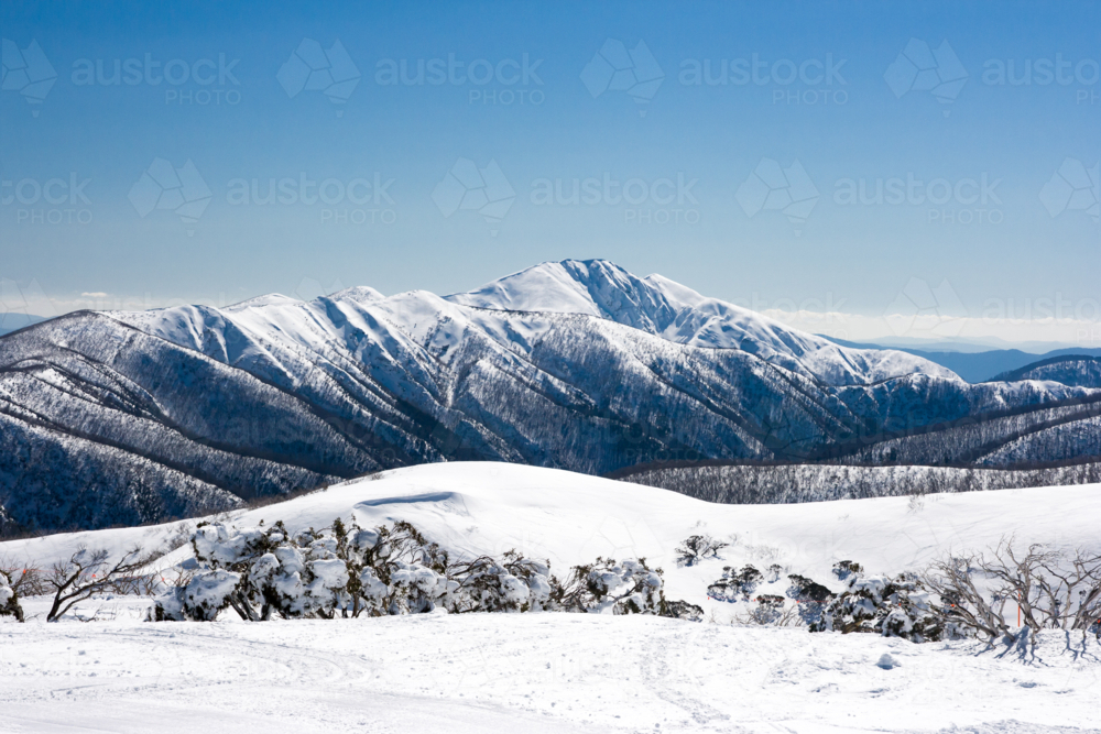 Mt Hotham ski resort after fresh snow looking towards Mt Feathertop - Australian Stock Image