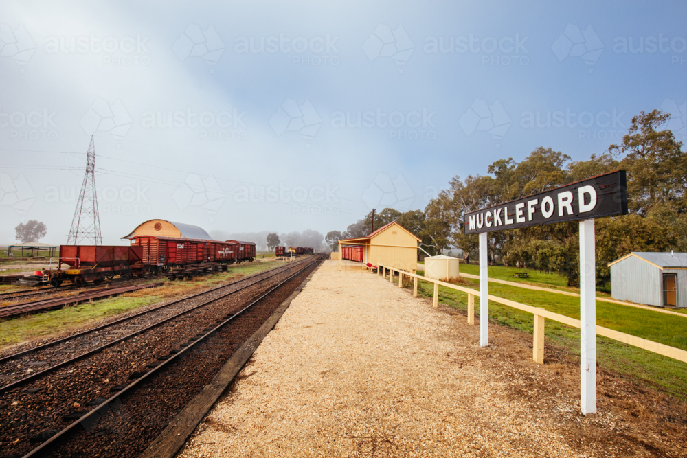 Muckleford train station is deserted early on a winter's morning in Victoria, Australia - Australian Stock Image