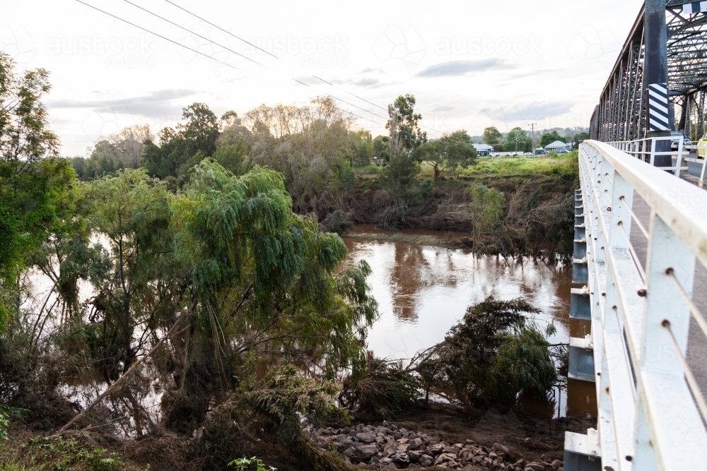 muddy flattened trees along riverbank after flash flooding - Australian Stock Image
