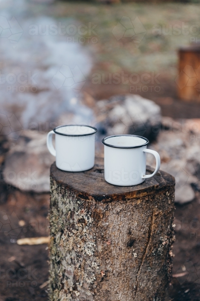 Mugs sitting on stump by camp fire - Australian Stock Image