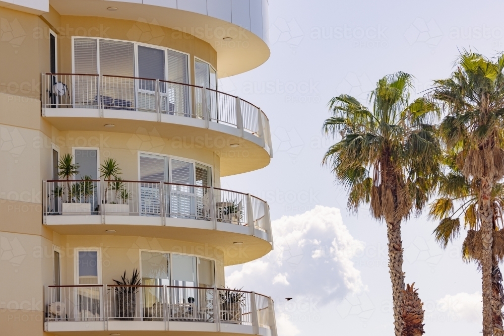 Multi-level apartment building in Newcastle with curved balconies - Australian Stock Image