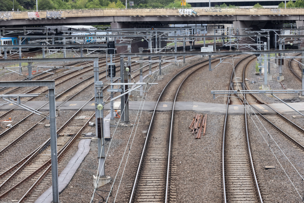 Multiple railway tracks and poles in Melbourne's CBD from birds eye view - Australian Stock Image