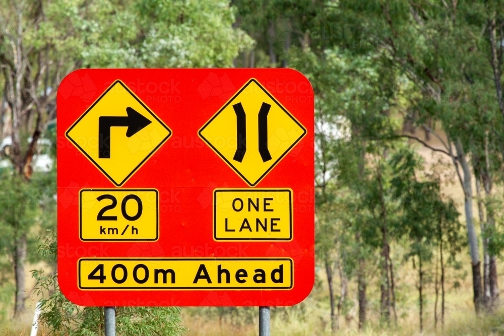 Form 1 Lane Sign Image of Narrow one lane road sign before Burnett River bridge near ...