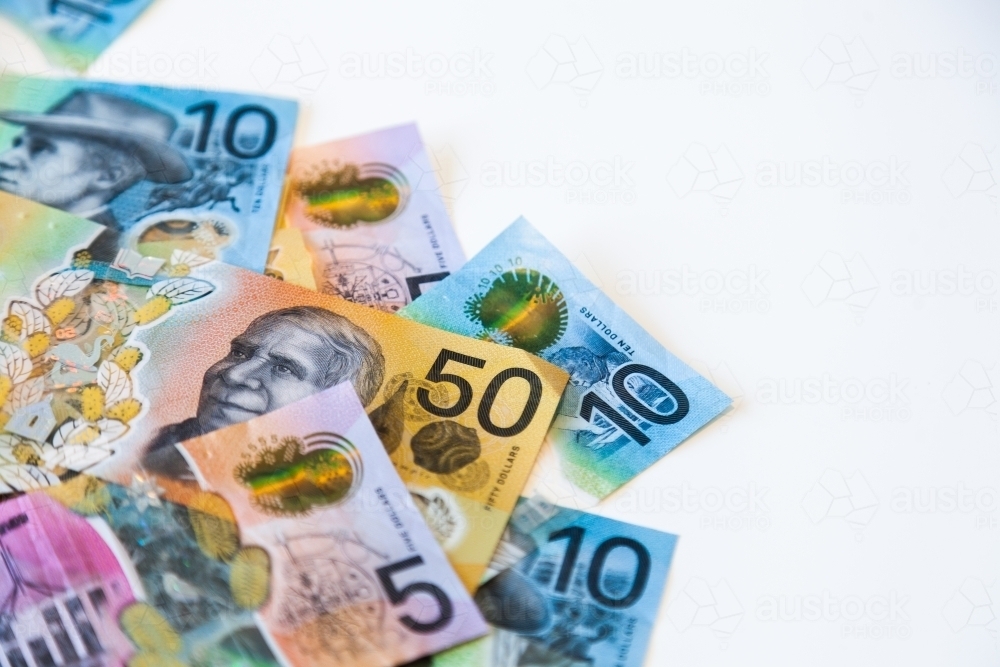 Aus New Note Image of New Australian notes with white copy space - Austockphoto
