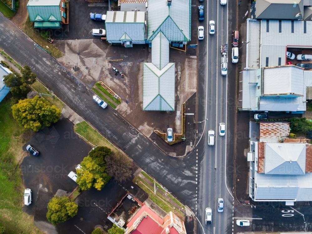 New England Highway through singleton busy with traffic seen from aerial perspective - Australian Stock Image