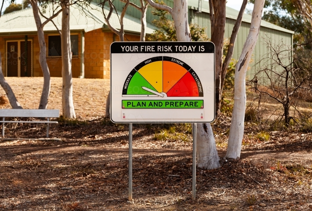 New fire danger rating sign indicating moderate fire risk near fire station  - Australian Stock Image