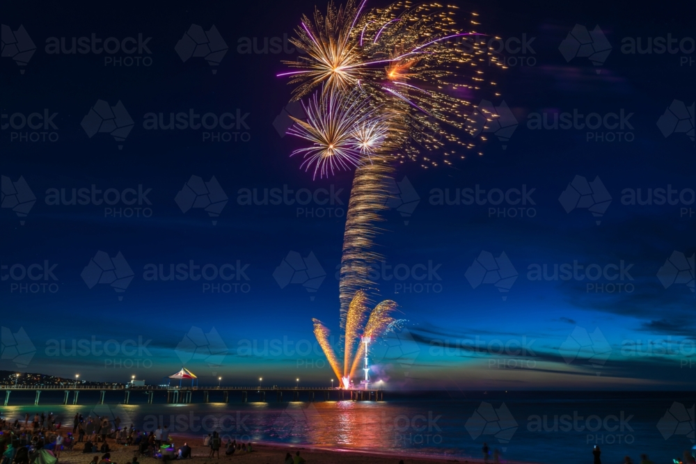 New Year’s Eve Fireworks on Brighton Jetty, Adelaide, South Australia - Australian Stock Image
