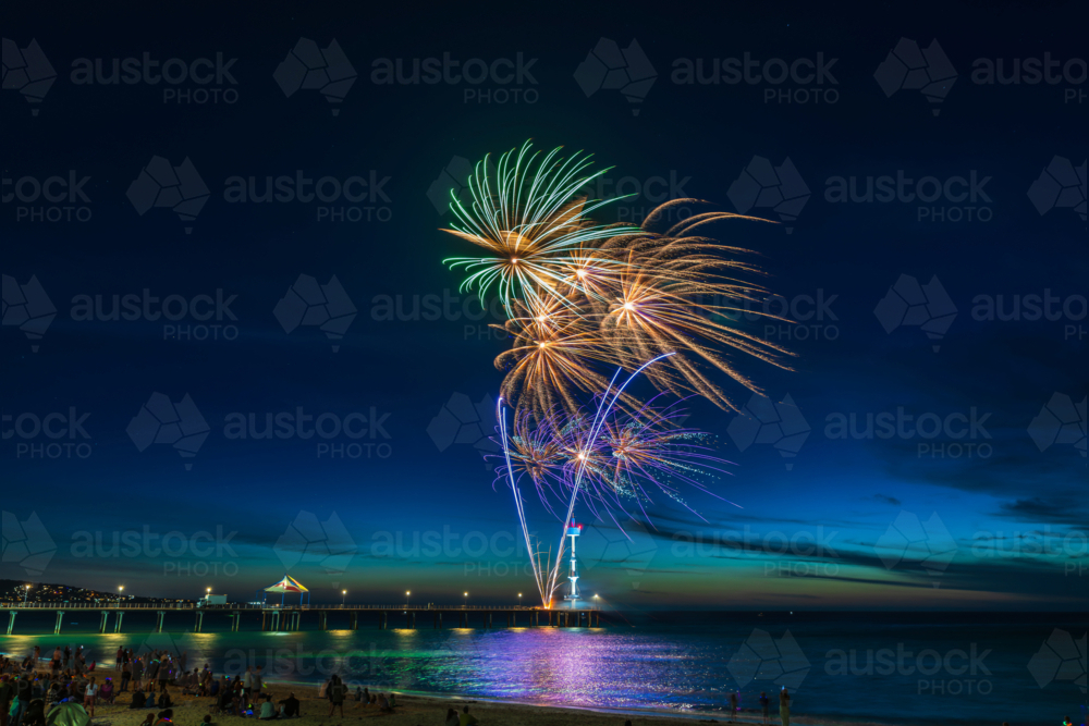 New Year’s Eve Fireworks on Brighton Jetty, Adelaide, South Australia - Australian Stock Image