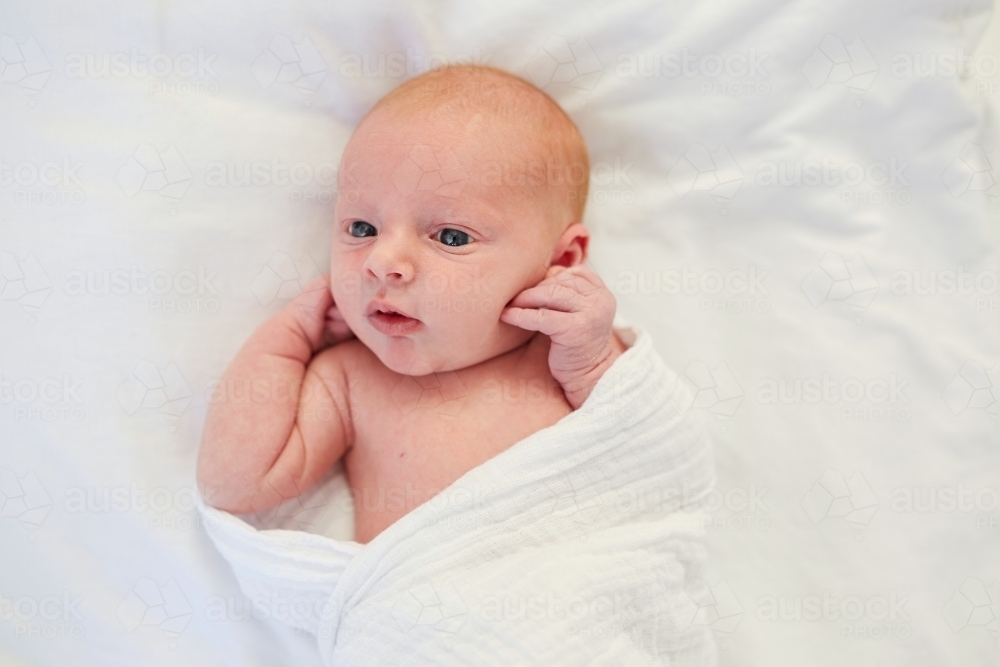 Newborn baby swaddled in wrap - Australian Stock Image