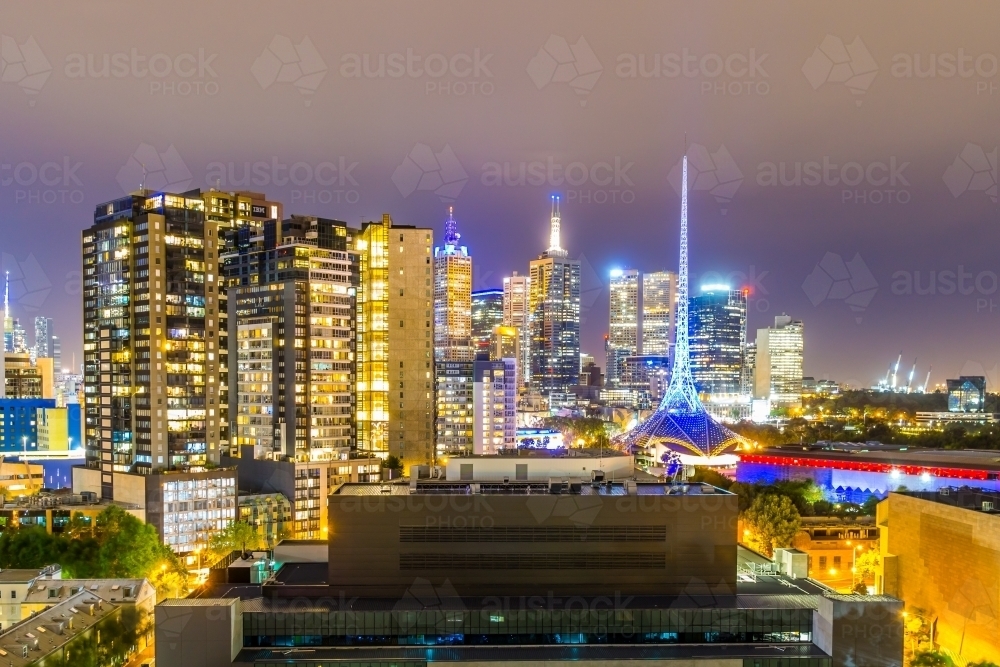 Nighttime view of city lights of the Melbourne skyline. - Australian Stock Image