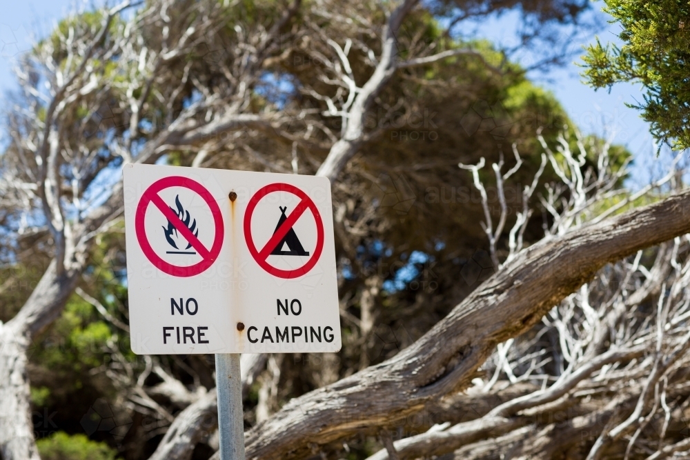 No camping, no fires sign - Australian Stock Image