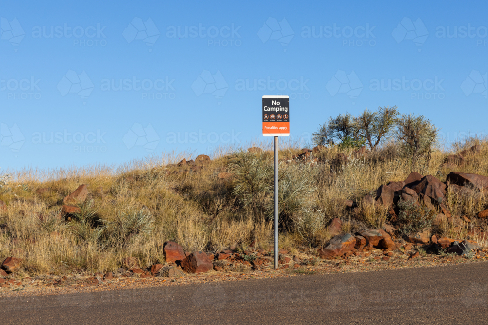 No camping sign at parking bay at Reader Head out of Cossack in the Pilbara - Australian Stock Image