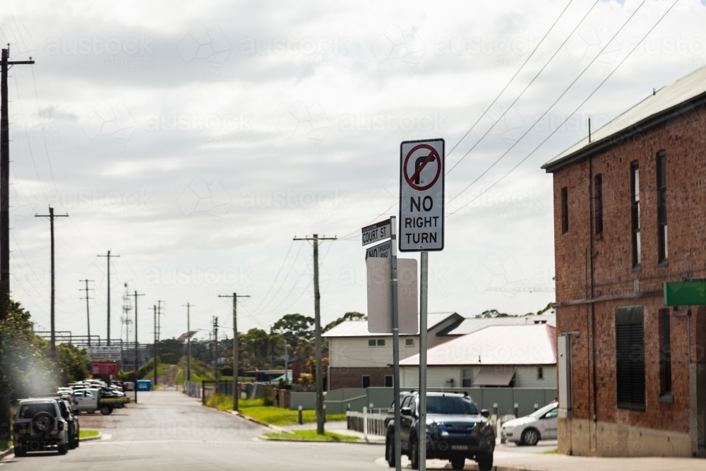 No right turn sign at intersection - Australian Stock Image