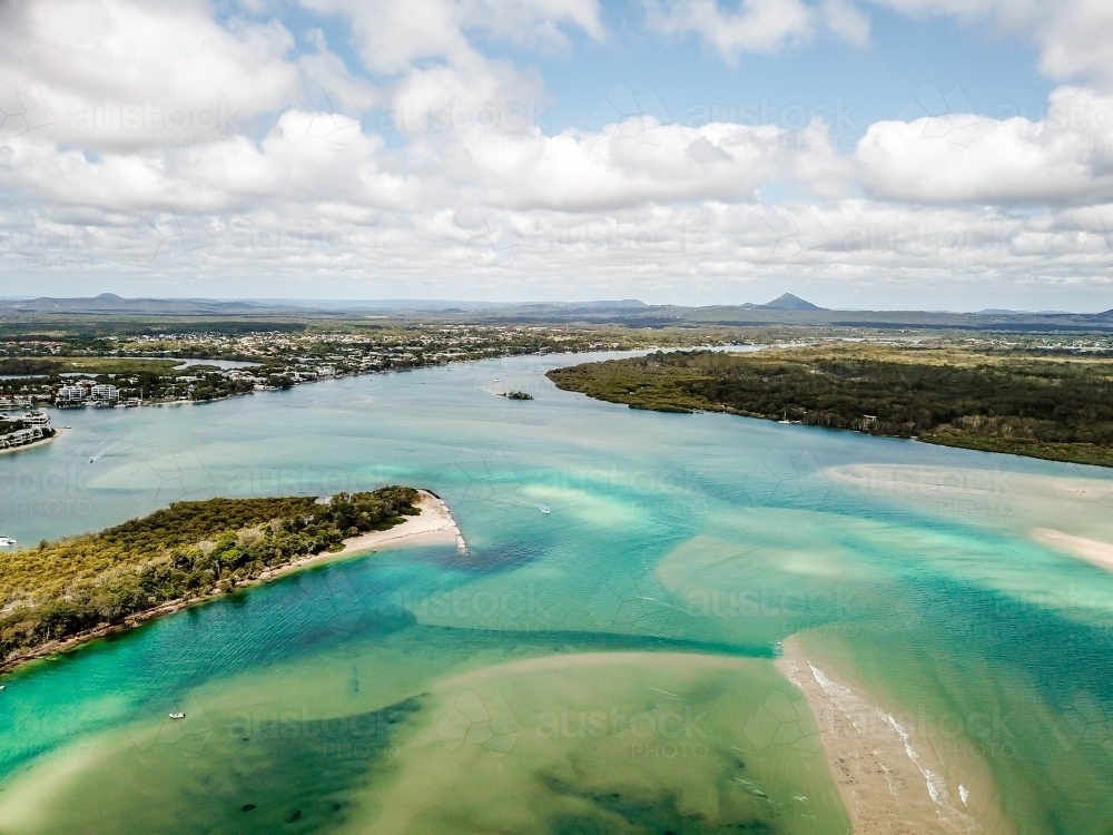 Noosa River Aerial Drone Photo looking towards mountains - Australian Stock Image