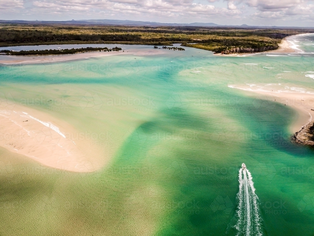 Noosa River aerial drone with boat - Australian Stock Image