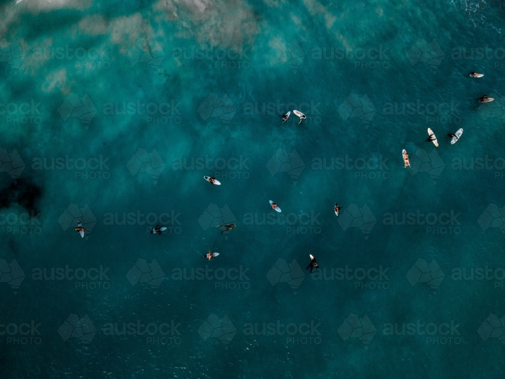 Top down view of many surfers waiting for a wave on flat clear water at North Beach , WA - Australian Stock Image