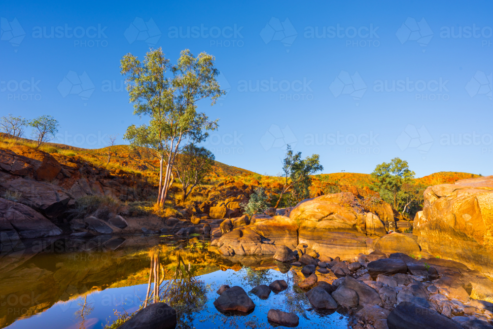 Northern Territory Landscape with waterhole reflecting blue sky - Australian Stock Image