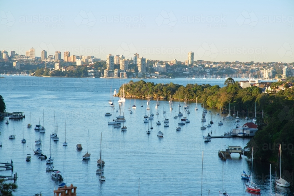 Numerous boats anchored in the ocean with city skyline in the foreground. - Australian Stock Image