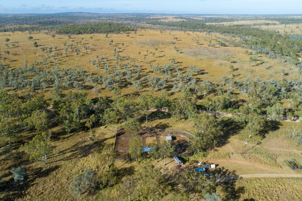 Oblique aerial view of farm and cattle yards. - Australian Stock Image