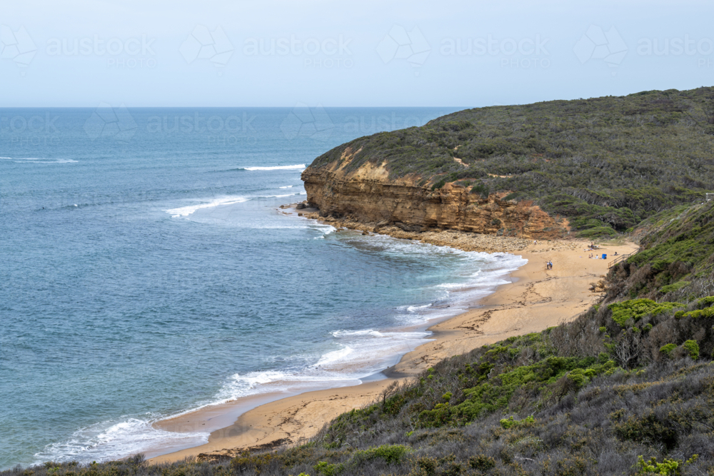 ocean water sand and cliff at Bells Beach - Australian Stock Image
