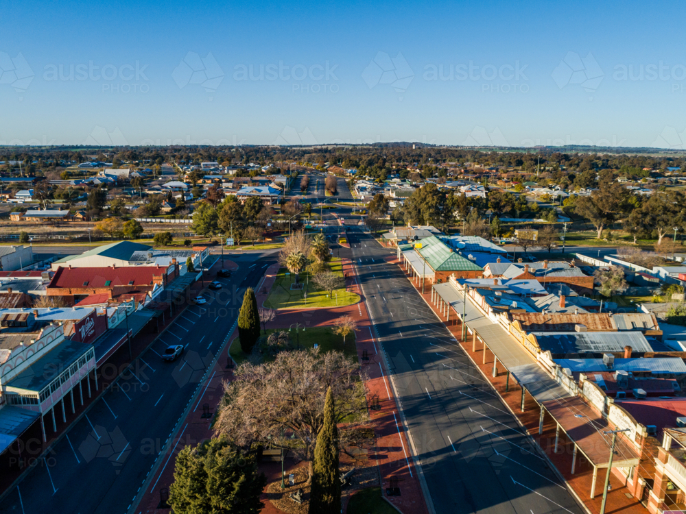 Old buildings and shopfronts along main street in country town of Coolamon - Australian Stock Image