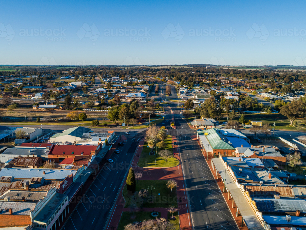 Old buildings and shopfronts along main street in country town of Coolamon - Australian Stock Image