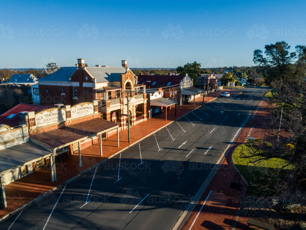 Old historic building and shopfronts along main street in country town of Coolamon - Australian Stock Image
