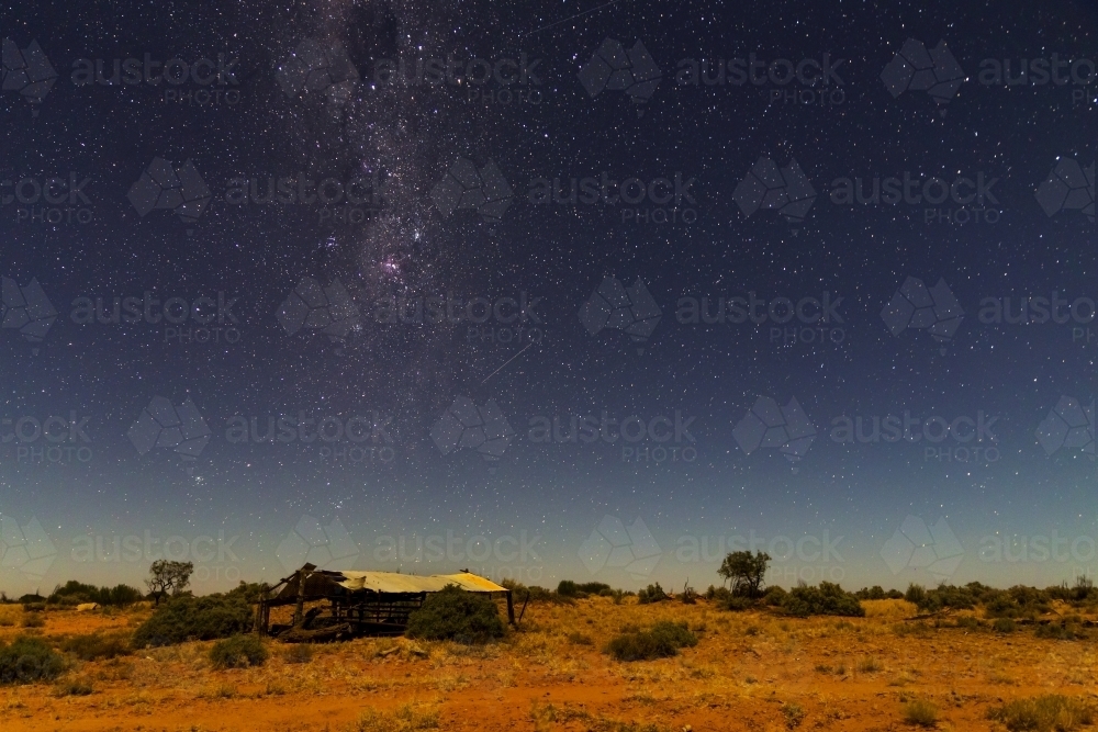 Old shed at night with Milky Way horizontal - Australian Stock Image