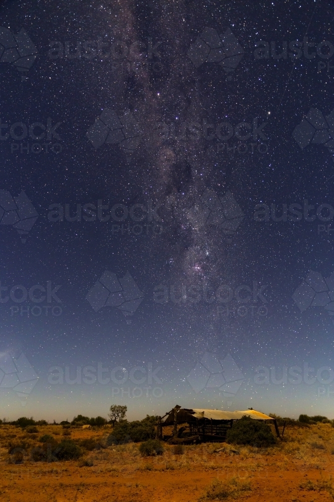 Old shed at night with Milky Way vertical - Australian Stock Image