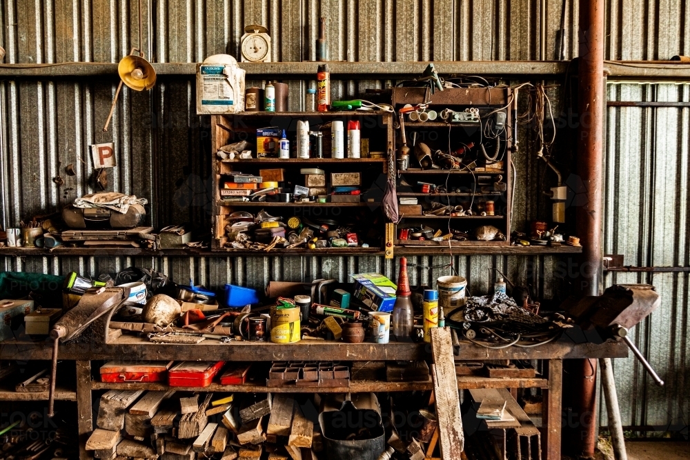 Old shed on farm full of tools and equipment - Australian Stock Image