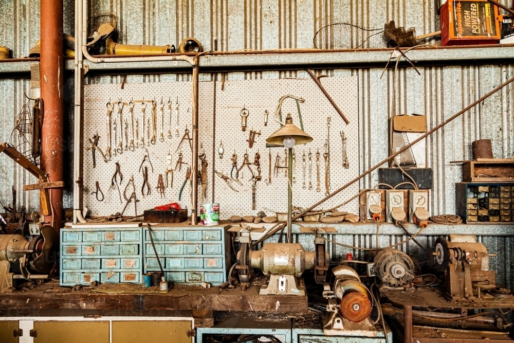 Old shed on farm full of tools and equipment - Australian Stock Image